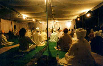 The sangat deep in meditation during the camp's Amrit Vela Sadhana (daily discipline at 3:30 a.m.)