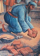 A painting shows Sain Mian Mir laying the foundation stone of Harmandar Sahib. 